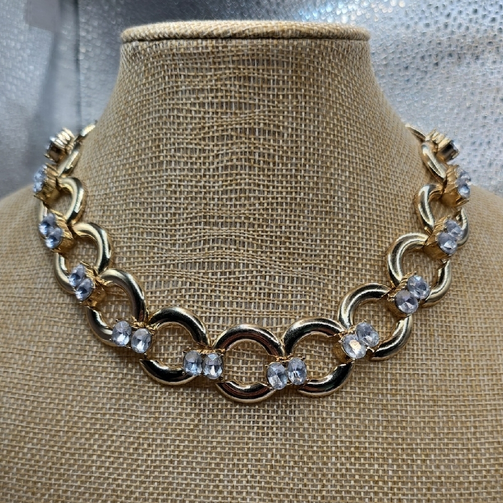 Clear Rhinestone & Gold Tone Chunky Link Chain Necklace